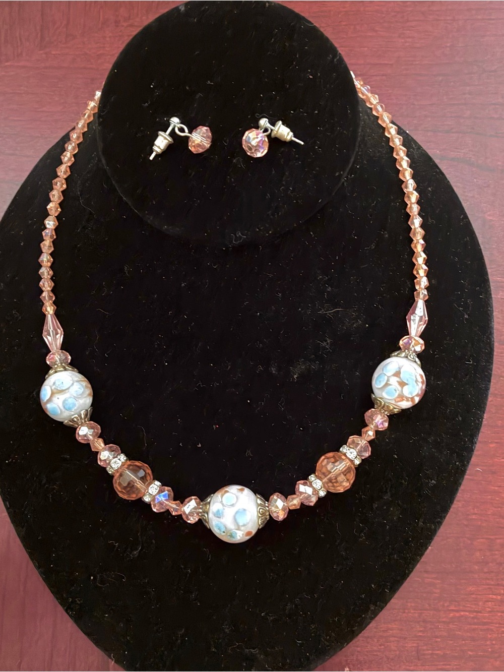 Pink Glass Bead Necklace and Stud Earrings Set